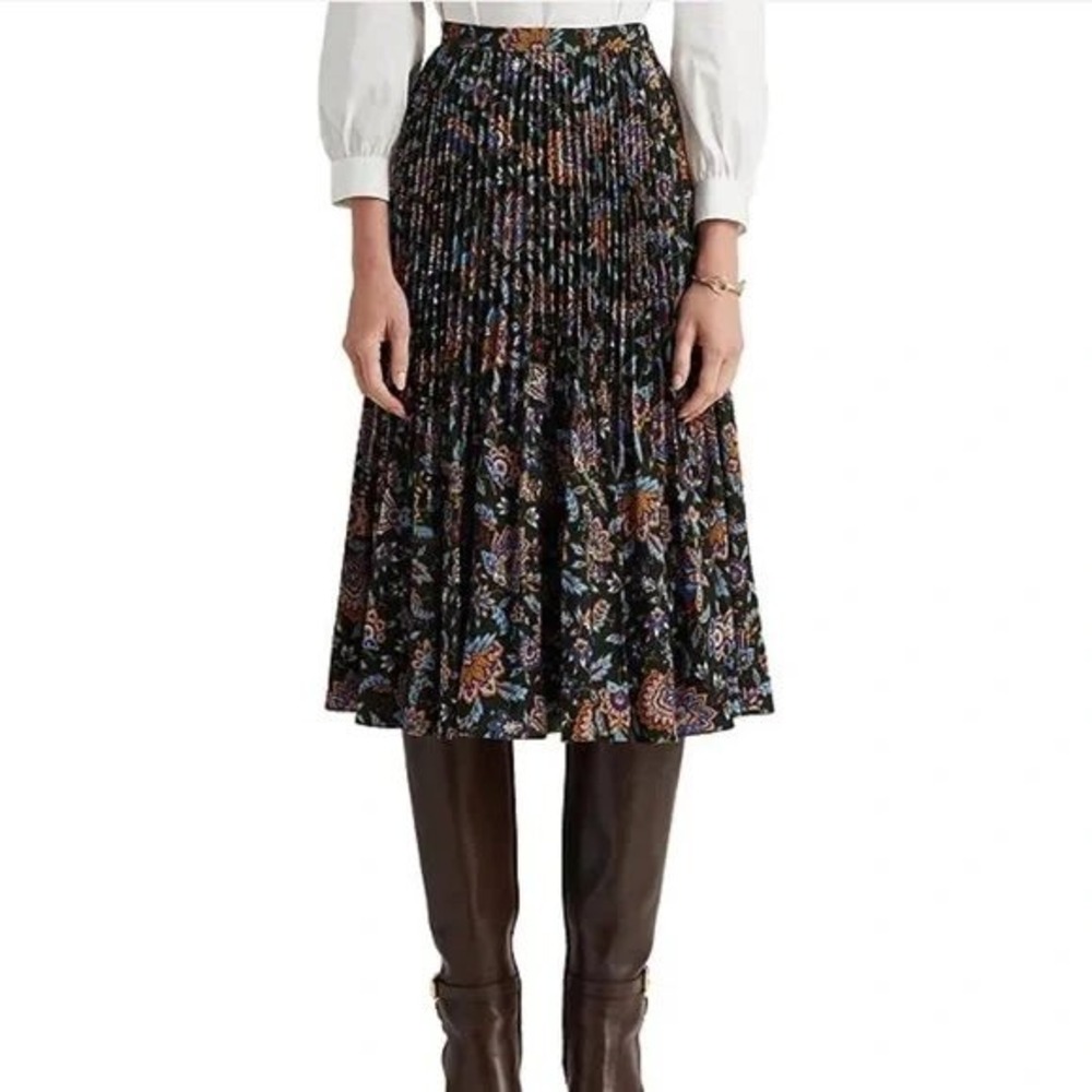 Ralph Lauren LRL Ascot-Print Pleated Georgette Midi Skirt Women's 6 Green Floral